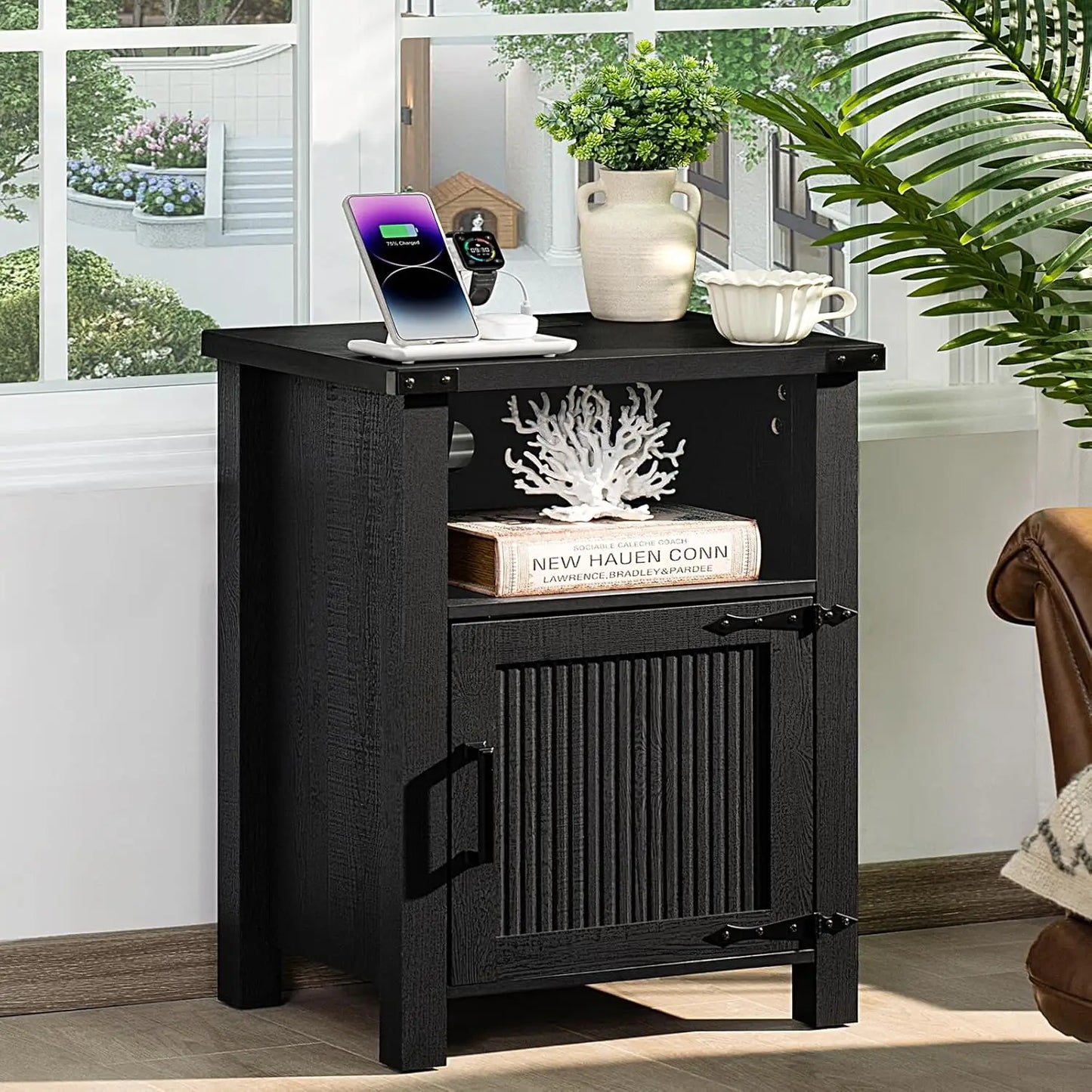 18 Inch Side stand with Charging Station and USB Port, Magnetic Door & Open Shelves