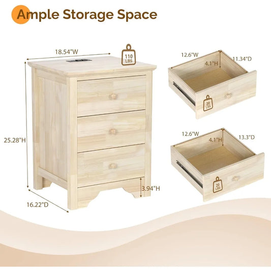 Set 2, 18.54" W Nightstand with Charging Station, 3 Drawer side stands,