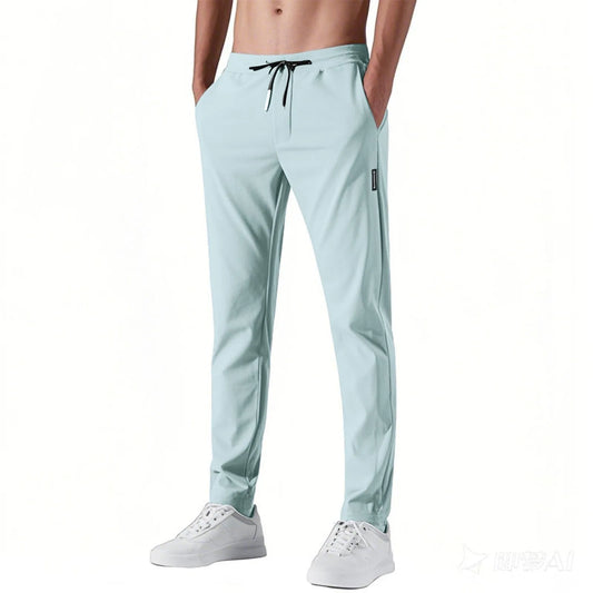 Men Fast Dry Stretch Pants, Ice Silk Trousers, Solid Color, Mid-Waist
