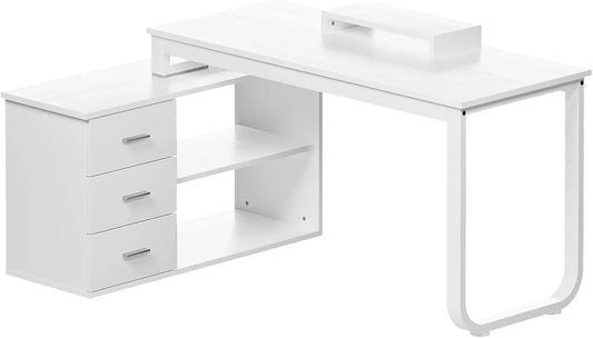 L Shaped Desk with Drawers and Shelves, 55"