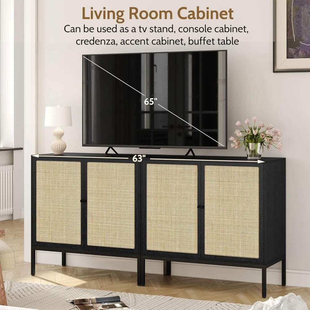 Set of 3 Sideboard Cabinet with Natural Rattan Hand-Woven Doors