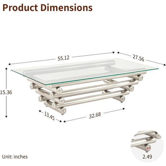 55" Rectangular Tempered Glass Top with Stainless Steel Legs