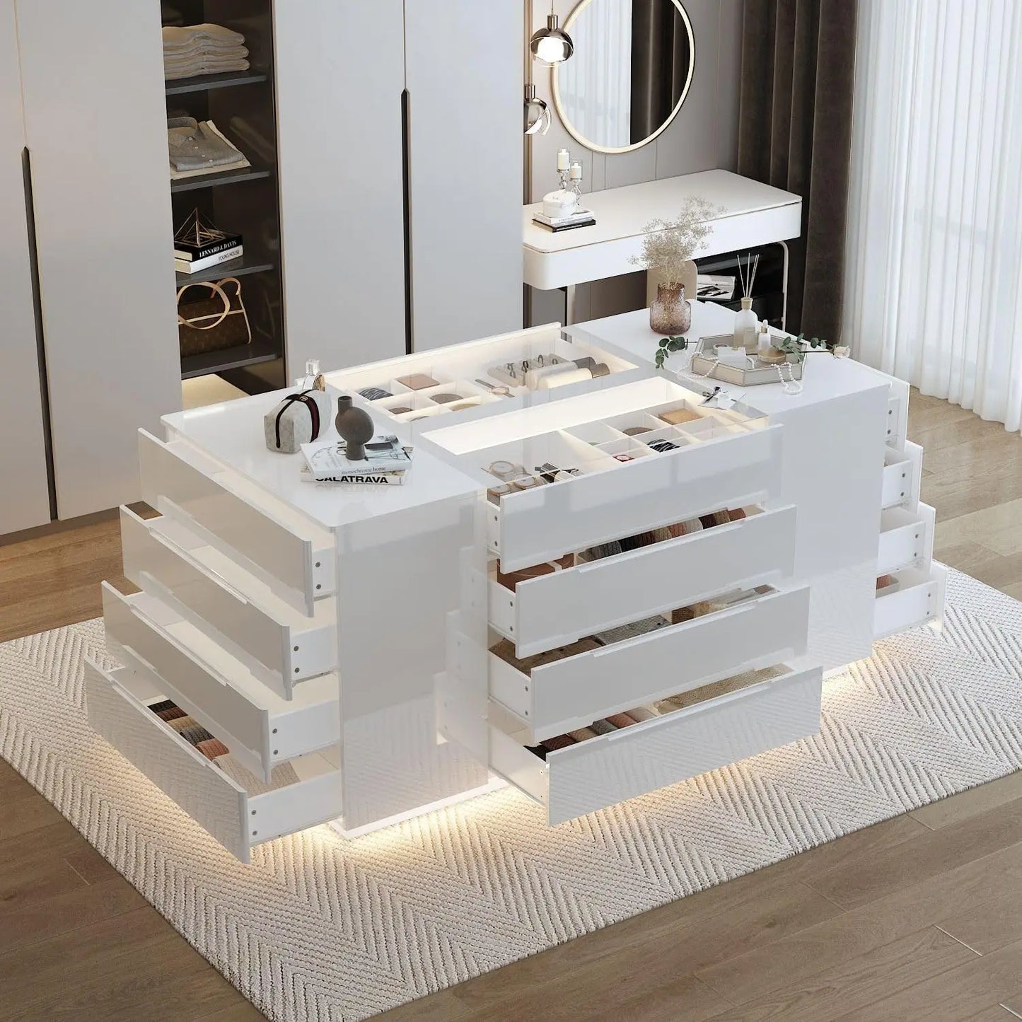 Island Wardrobe with Jewelry Organizer Closet with 16 Drawers & Glass Tabletop