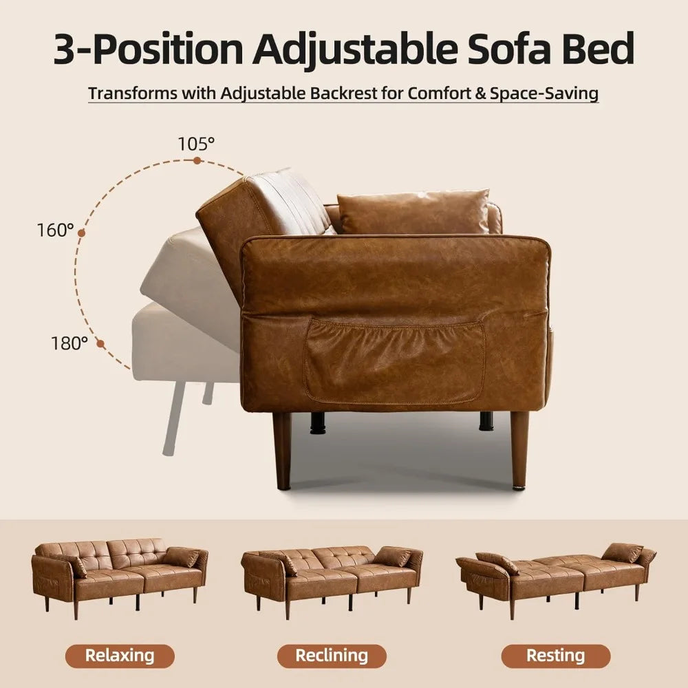 85” Futon Sofa Bed, Sleeper Sofa, Small Couch with Storage Adjustable Armrests Pillows 5 colors available