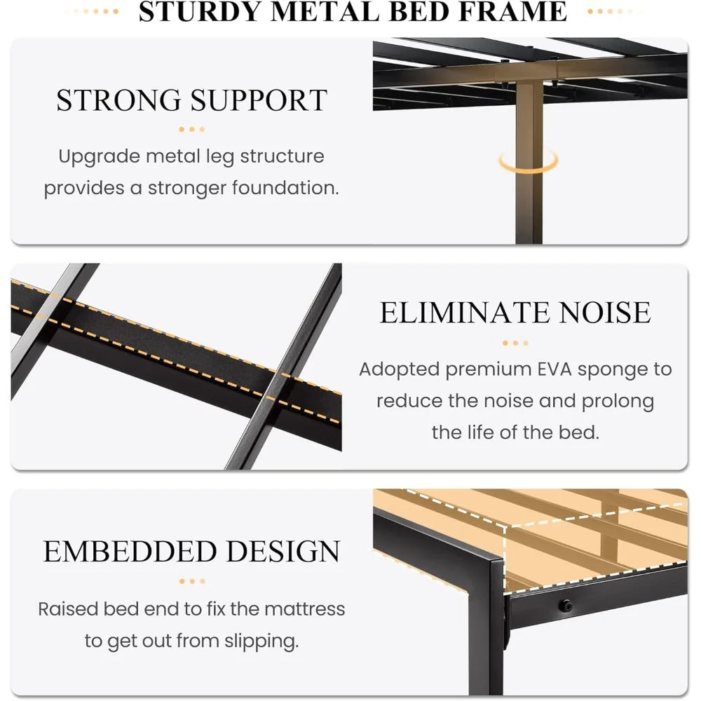 King Size Platform Bed Frame with Upholstered Headboard, Metal Slats Support, Noise Free