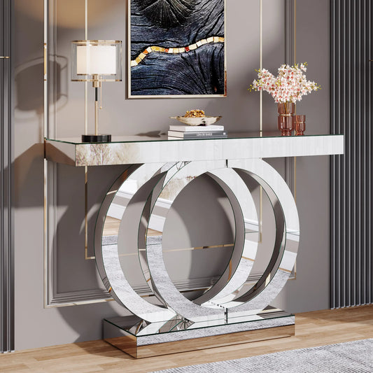 43.3-Inch Mirrored Console Entryway Table with Mirror Finish Tabletop