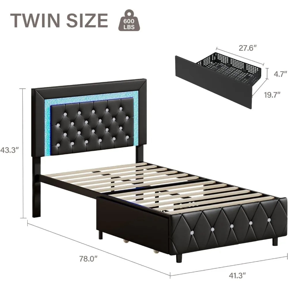Faux Leather Upholstered Bed Frame with Diamond Headboard, LED Lights and Storage Drawers,