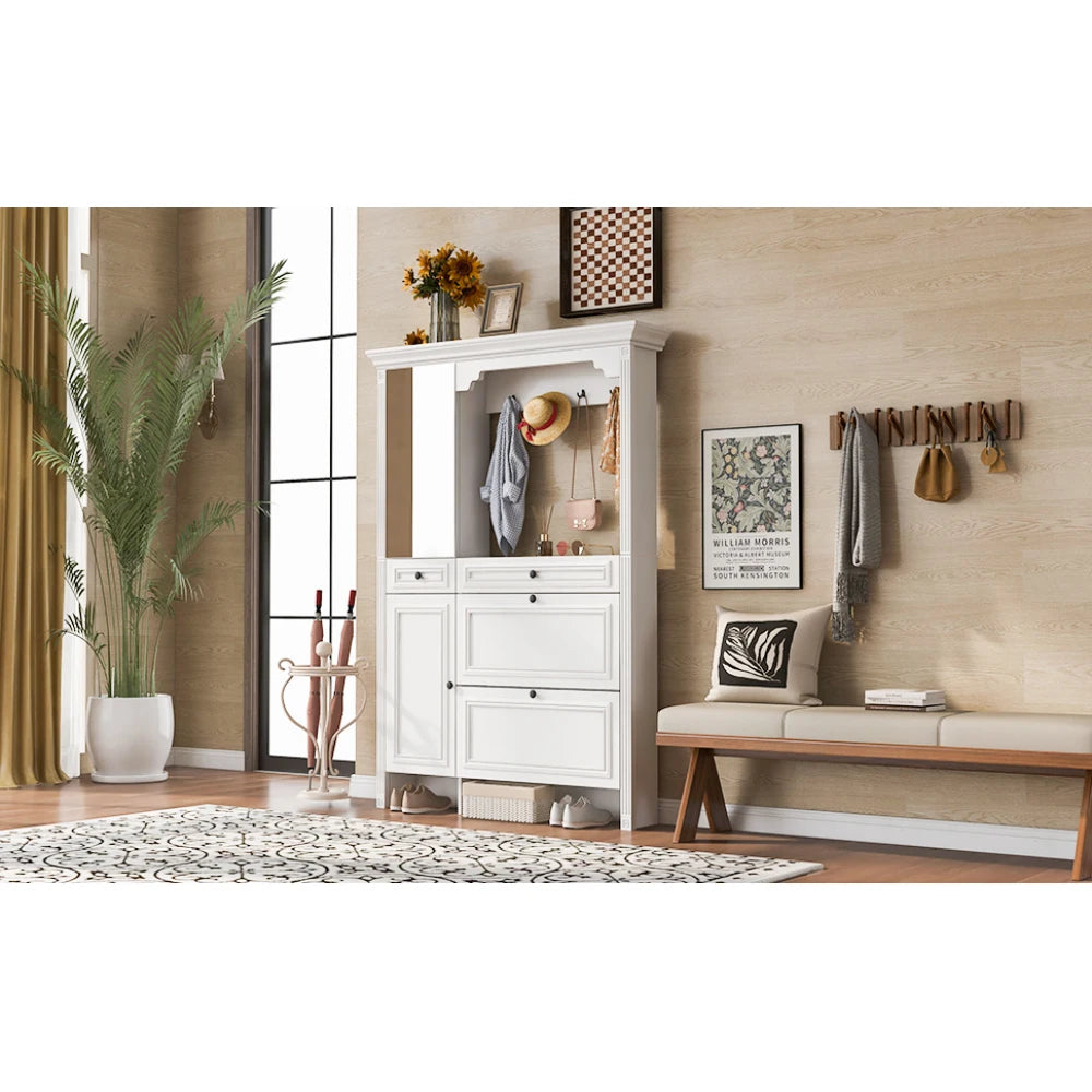 54.7'' Hall Tree with Integrated Shoe Cabinet and Mirrored Cabinet Door, Coat Hanger, Entryway Bench, 4-in-1 Design, 2 Flip