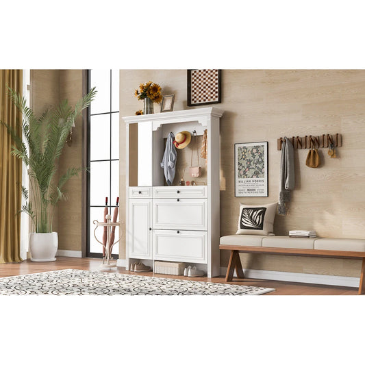 54.7'' Hall Tree with Integrated Shoe Cabinet and Mirrored Cabinet Door, Coat Hanger, Entryway Bench, 4-in-1 Design, 2 Flip