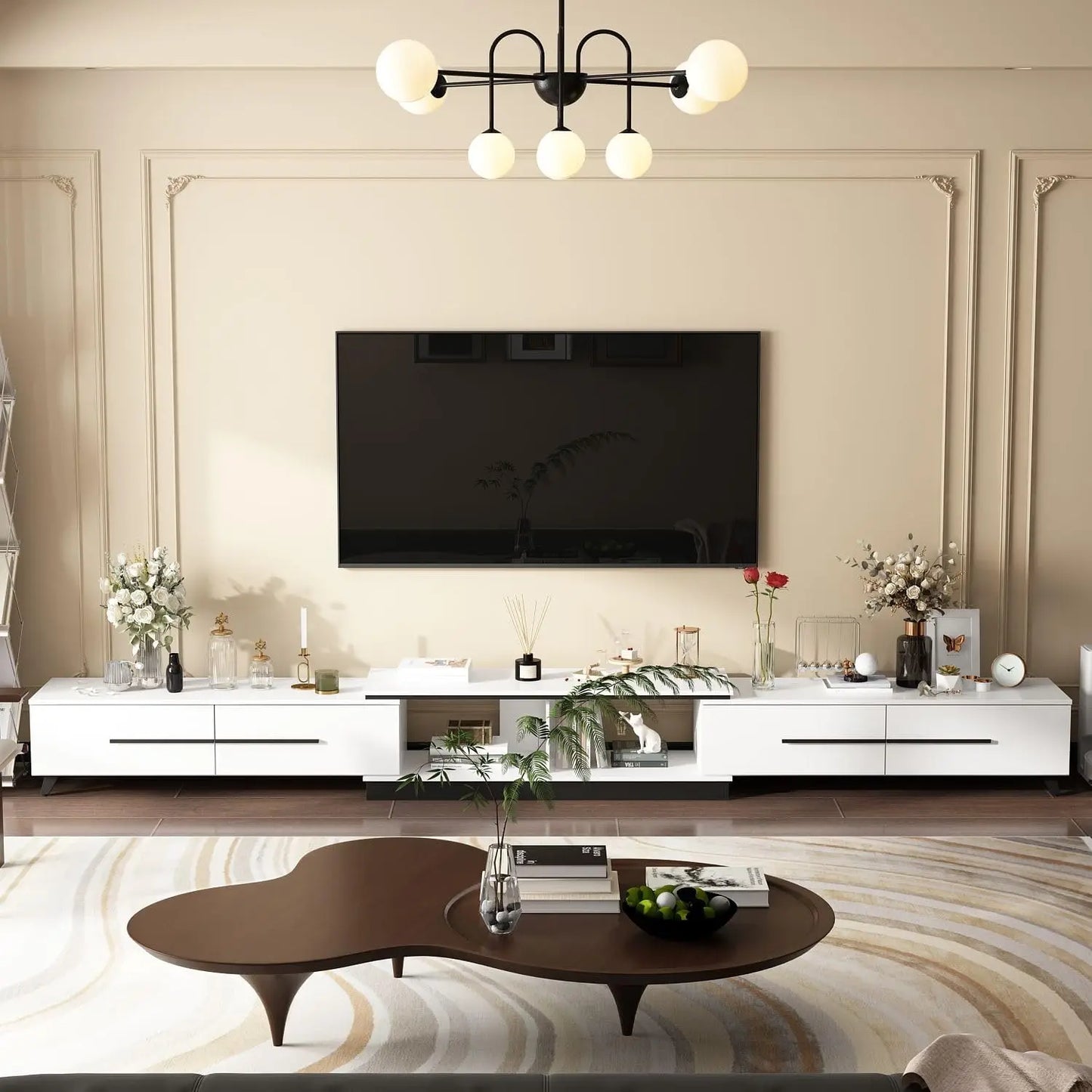 Extendable Media Console, Adjustable Length with Drawers and Legs