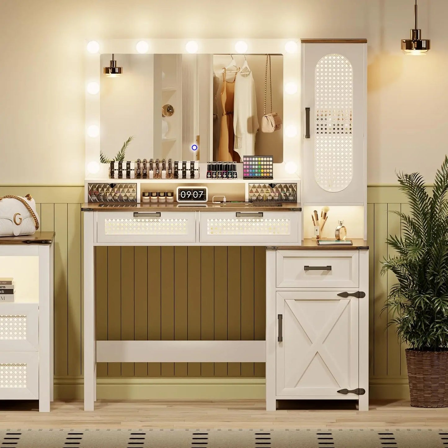 Compact Vanity with Mirror and Lights w/Storage Drawers & Shelves