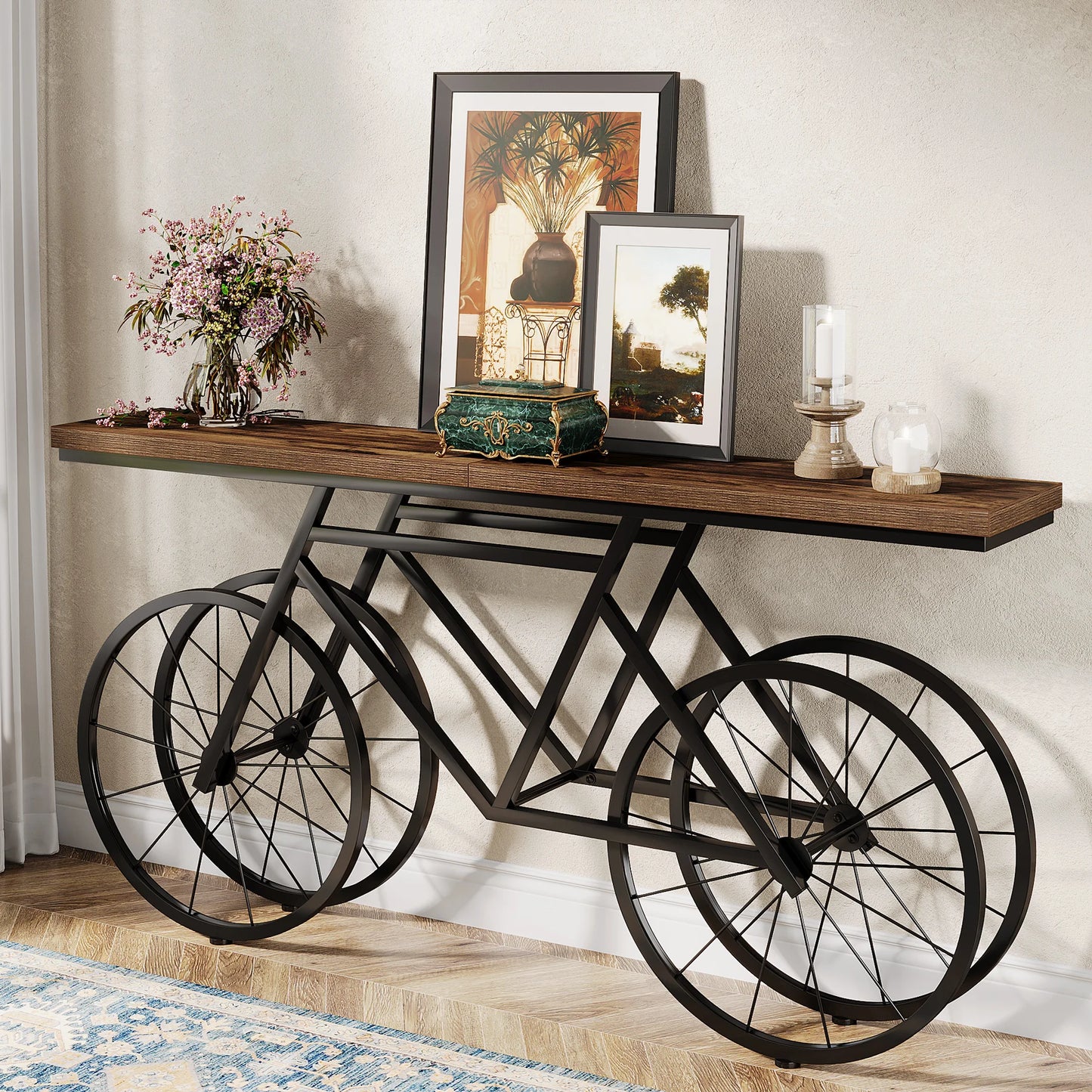 70.9-Inch Narrow Sofa Table with Bicycle Metal Base