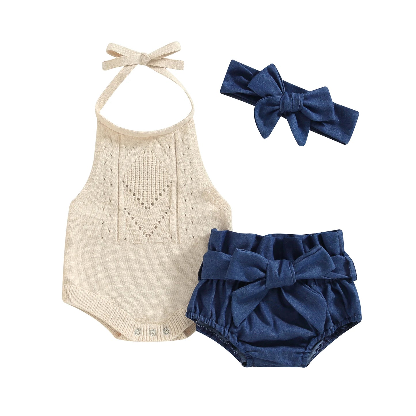 6-24 MO Infant Girl Outfit, Solid Color Halter Neck Knit Sweater Romper, Denim Shorts, Belt, Headband