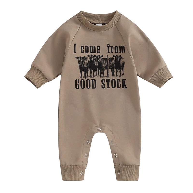 0-12M Newborn Baby Boy Sweatshirt Rompers-Bull Head Letter Print, Long Sleeve Jumpsuit