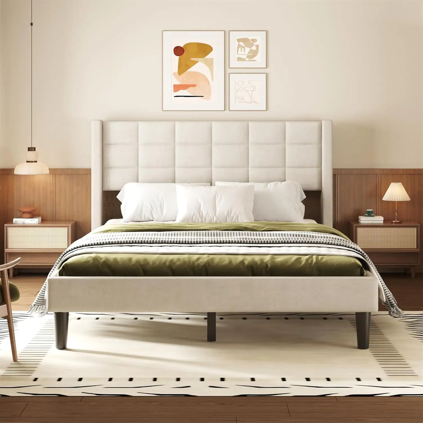 Upholstered Platform Bed Frame with Stitching Design Headboard, Noise-Free, No Box Spring Needed