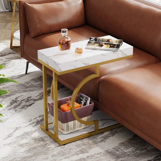 Narrow White Gold Side C Shaped End/Bedside Table