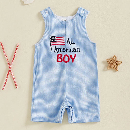 0-24 mo. Baby Boy 4th of July Romper, Star Letter Striped Sleeveless Overall Bodysuit