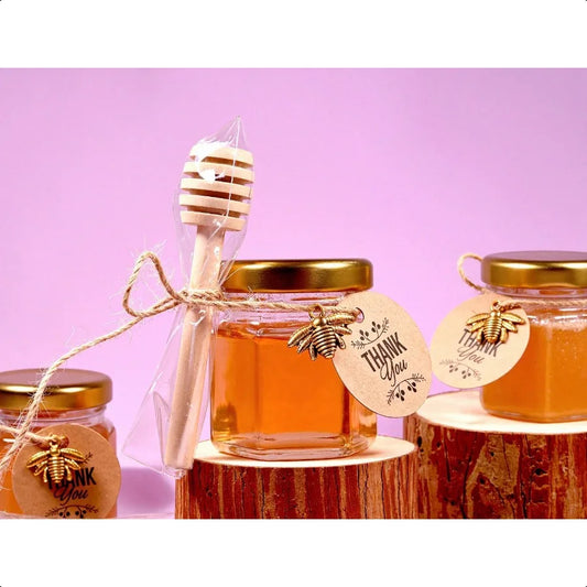 Honey Pot Glass Honey Jar 1.5oz Mini Honey Jars with Dipper Bee Charm Gift Bags and Stickers for Baby Shower Favors 20 Pack