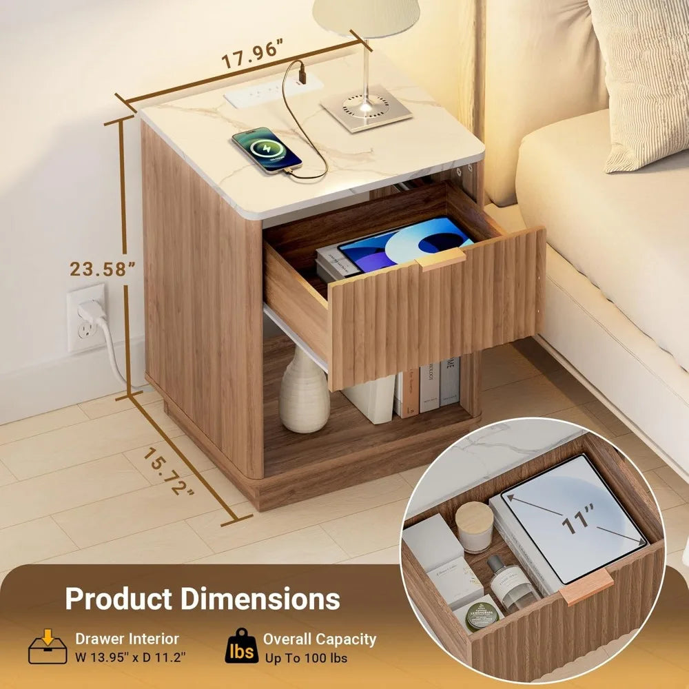 Set of 2, Nightstands with Charging Station 18" Bedside Table with Color Top, with Drawer & Open Shelf
