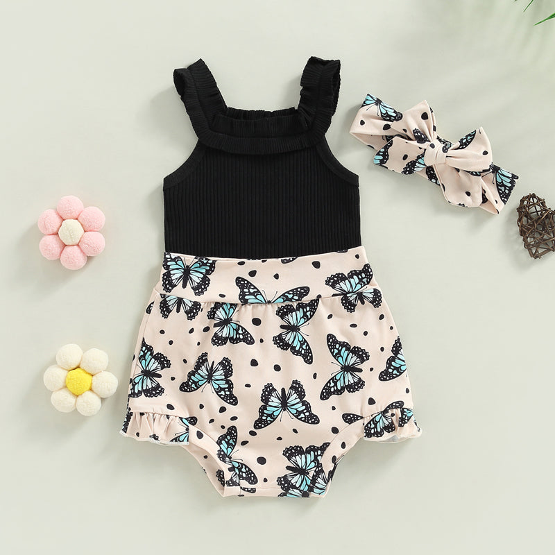 3-18M Baby Girls Shorts Set, Sleeveless Romper, Flower/Rainbow/Print Shorts, Hairband