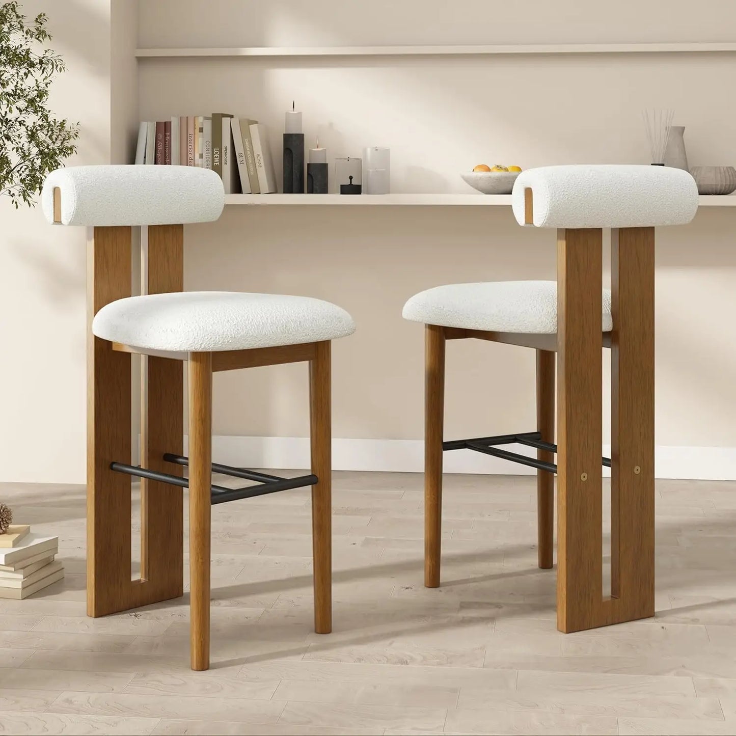 Set of 2 Wood Upholstered Barstools,Walnut Finish, Rubberwood Frame