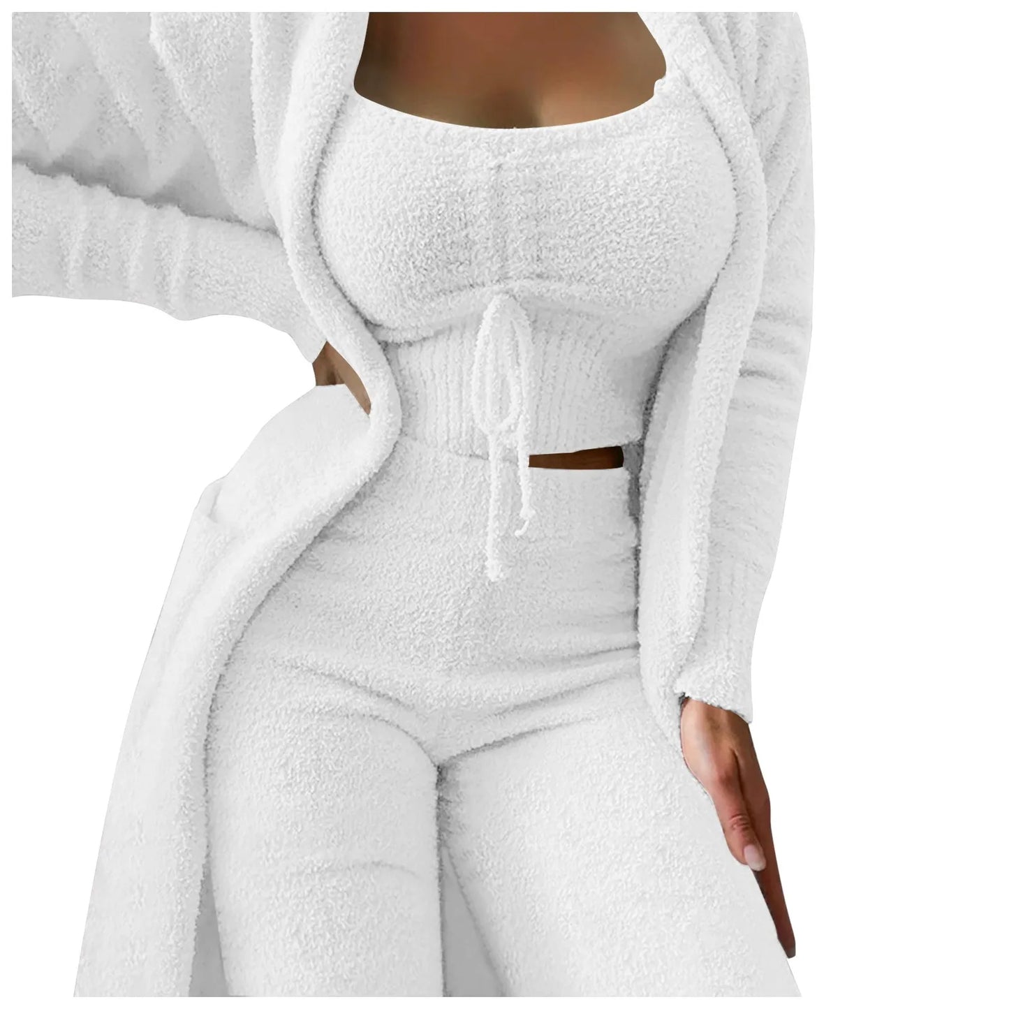 Women'S Fleece 3 Pc Loungewear, Spaghetti Strap Crop Tank, Wide Long Pants, Fuzzy Kimono ,