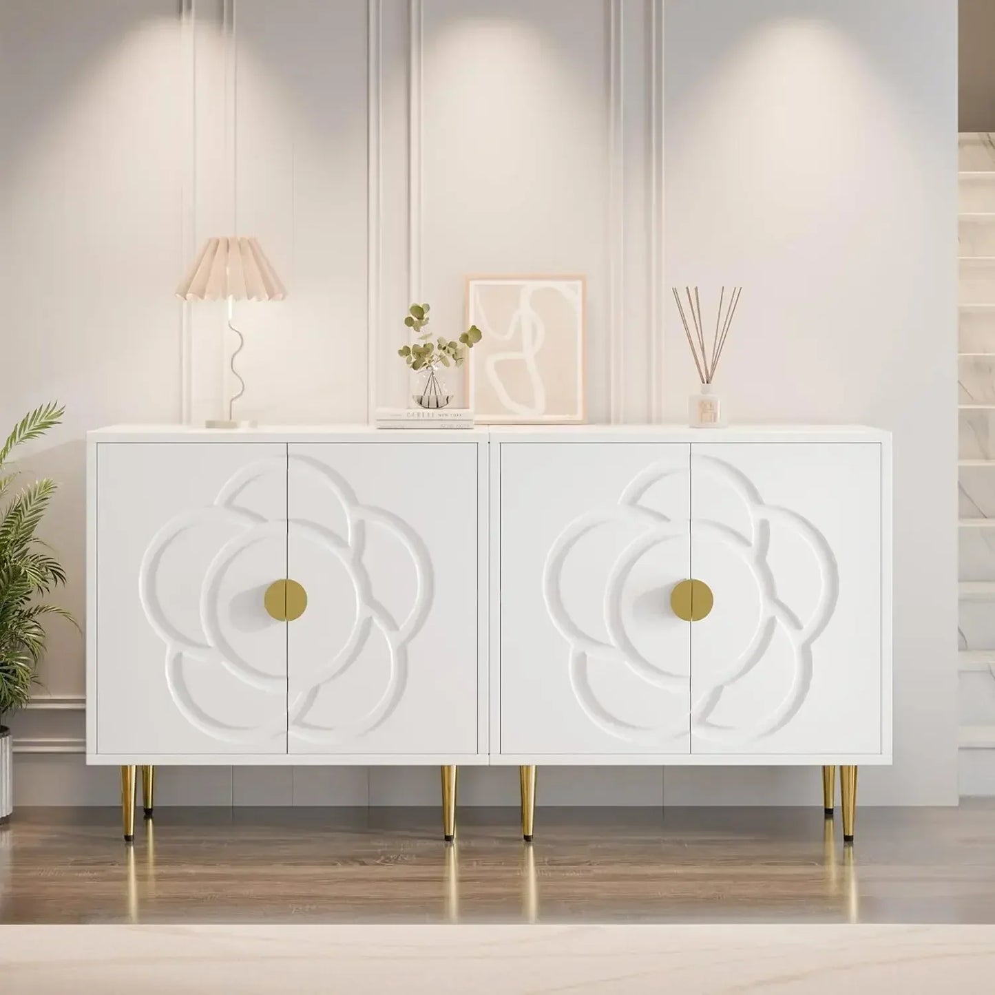 Modern Accent Sideboard Buffet Cabinet for Bedroom, Living Room, Kitchen with Decorative Flower Pattern Doors
