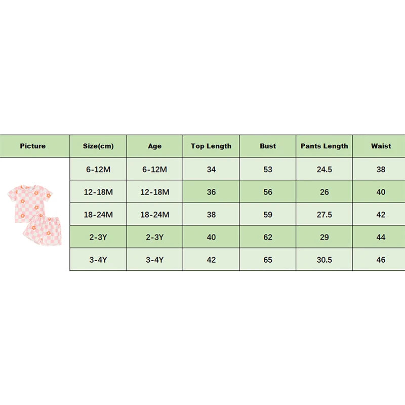 12 MO-4T Floral Checkerboard Print Short Sleeve O-neck T-shirts+Elastic Waist Shorts Tracksuit