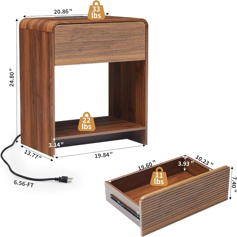 Set of 2, Nightstands with Charging Station, Drawer Storage