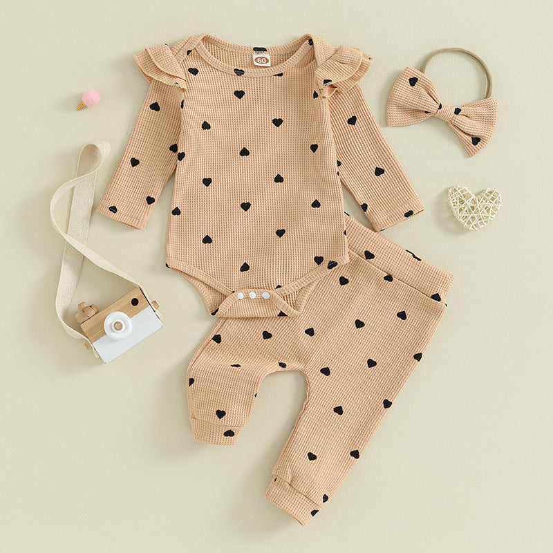 3-24MO Baby Girl Set Waffle Knit, Heart Long Sleeve Romper Pants Headband