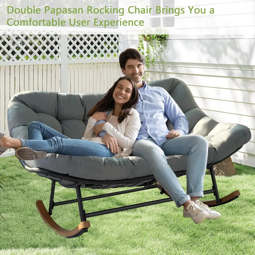 Double Papasan Patio Rocking Chair with Thick Cushions, 660LBS Capacity