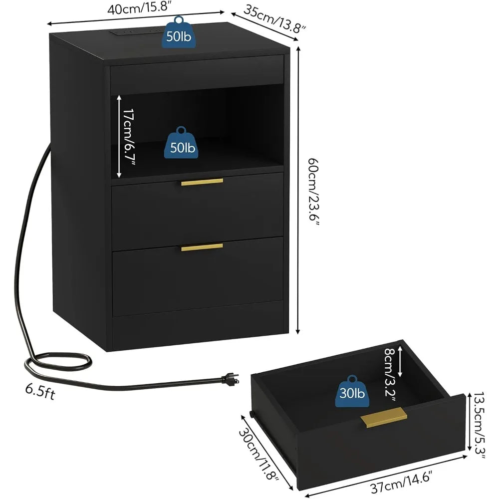 LED Side stand with Charging Station, with 2 Pull-out drawers and Pull-out Shelf