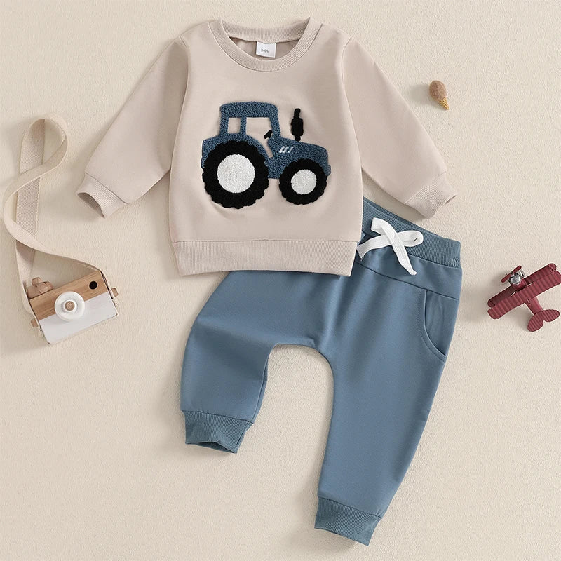 3-36 MO Boy Outfit, Tractor Embroidery Long Sleeve Sweatshirt with Solid Long Pants
