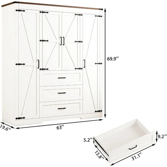 4 Door Armoire with 3 Drawers, Hanging Rod and Adjustable Shelves