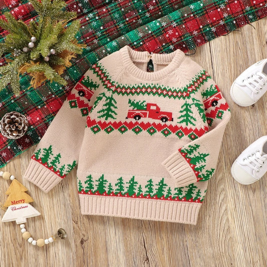 9 MO-3T Boy Christmas Sweater, Round Neck, Truck Print Knit Pullover