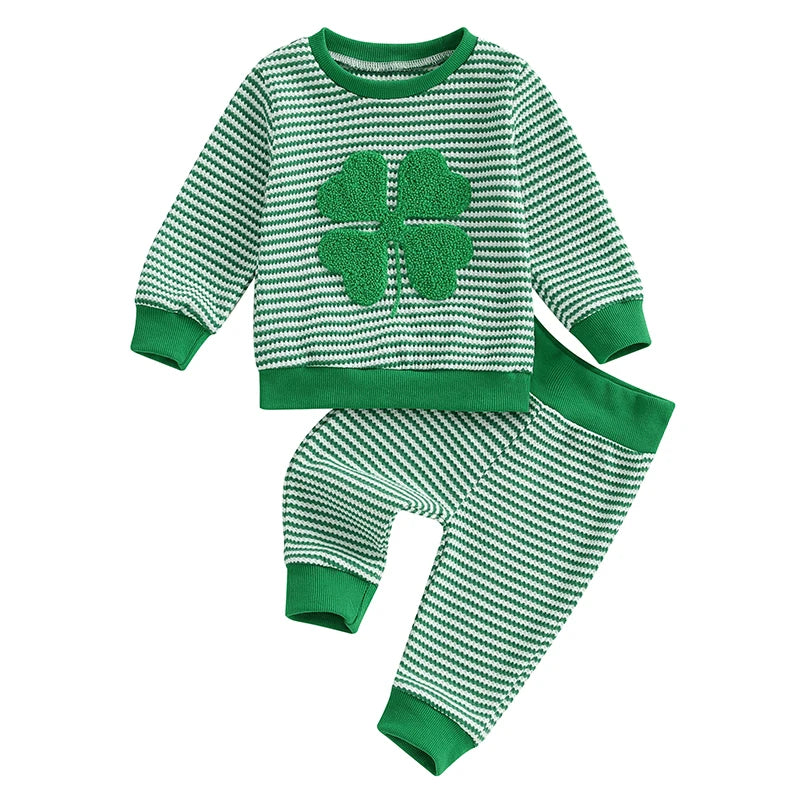 Lioraitiin Toddler Baby Boy St. Patrick's Day Outfit Long Sleeve Shamrock Embroidery Sweatshirt+Stripes Pants Set Spring Clothes