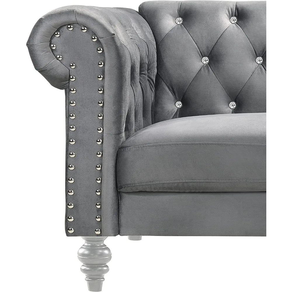 Glam Emma Velvet Two Seater Chesterfield Style Loveseat for Small Spaces with Crystal Button Tufts, Gray