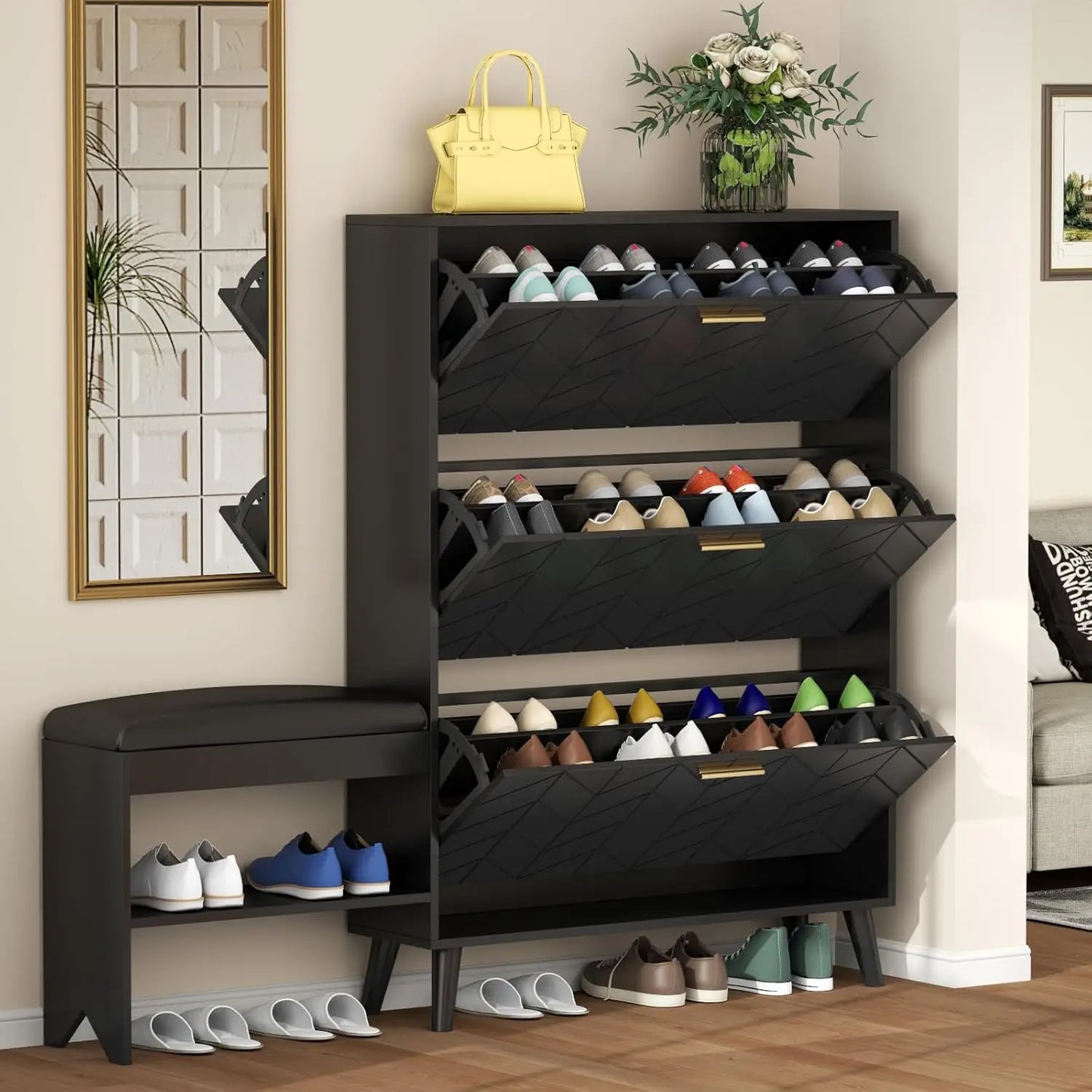 Shoe Cabinet w/3 Flip Drawers & Bench