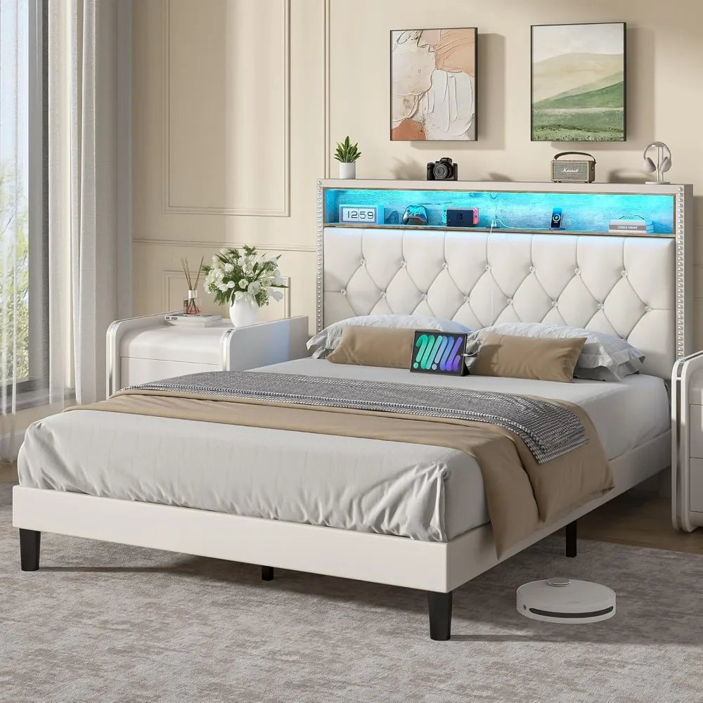 Velvet Upholstered Platform Bed with Storage Headboard and Charging Station, LED Lights
