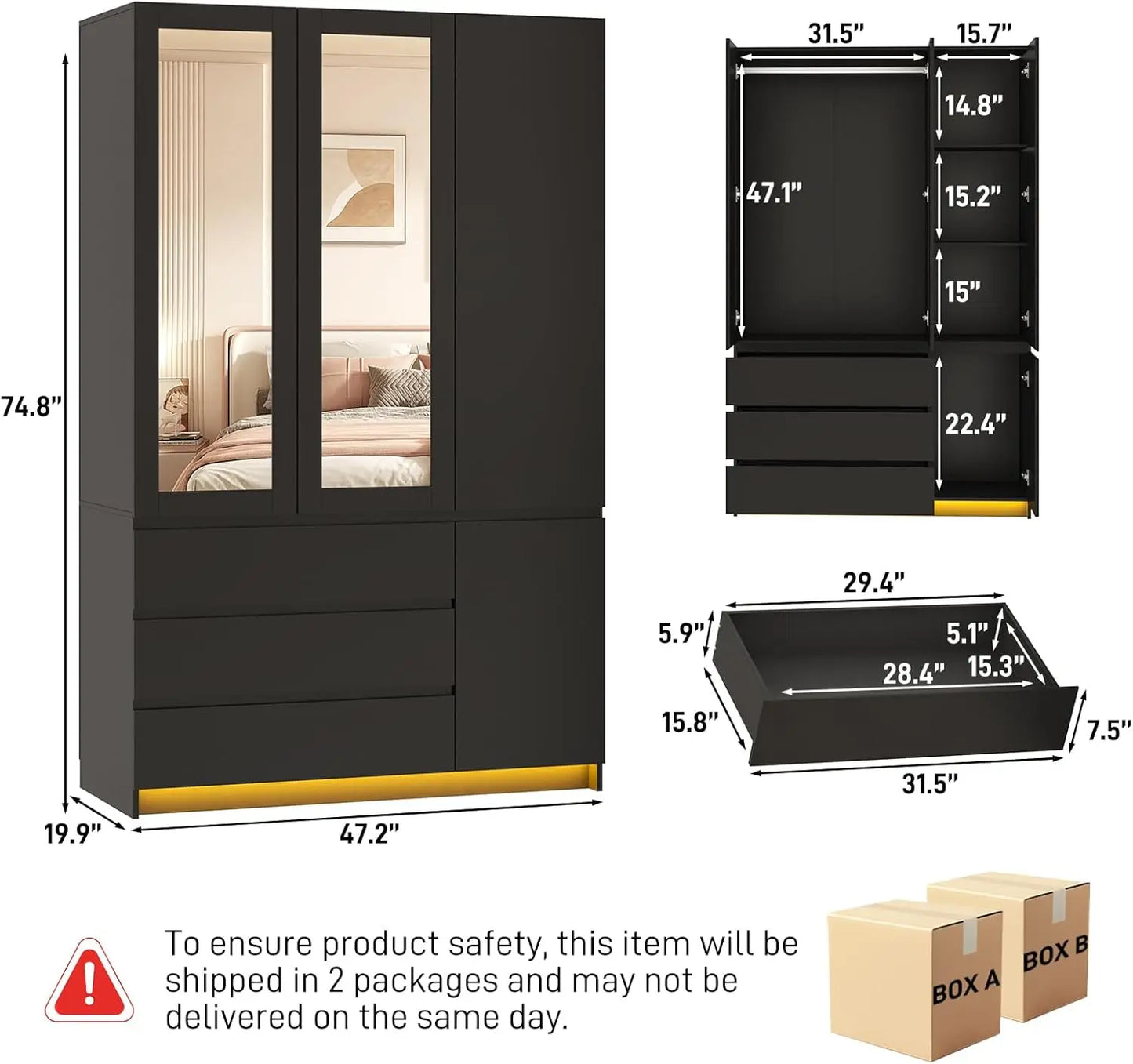3 Door Armoire Wardrobe with 3 Drawers & Mirror, Hanging Rod, LED Lights