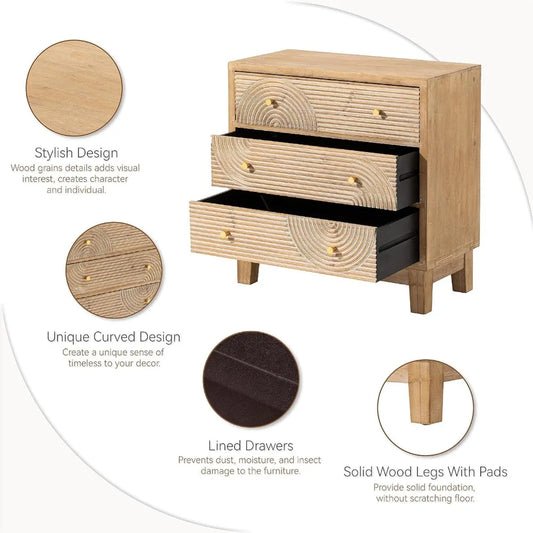 Set of 2 3-Drawer Fully Assembled Nightstands with Handicraft Wood Ring Motif