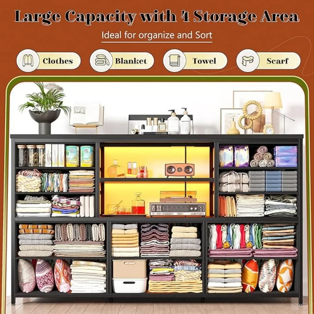 12 Drawers Dresser with LED Lights & Power Outlets, Stand for 60''TV