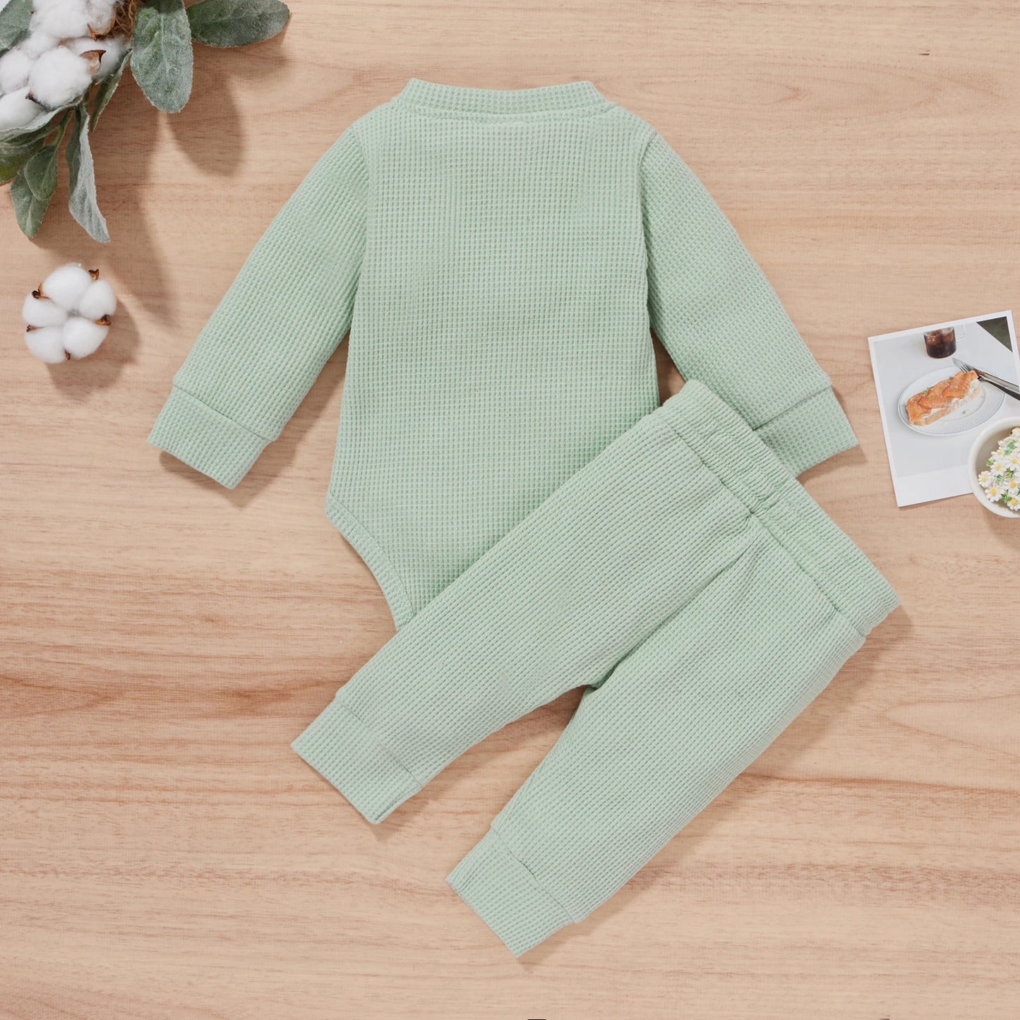 0-24Months Spring Solid Toddler/Baby Waffle Plaid Outfits Long Sleeve Romper + Casual Pants Set