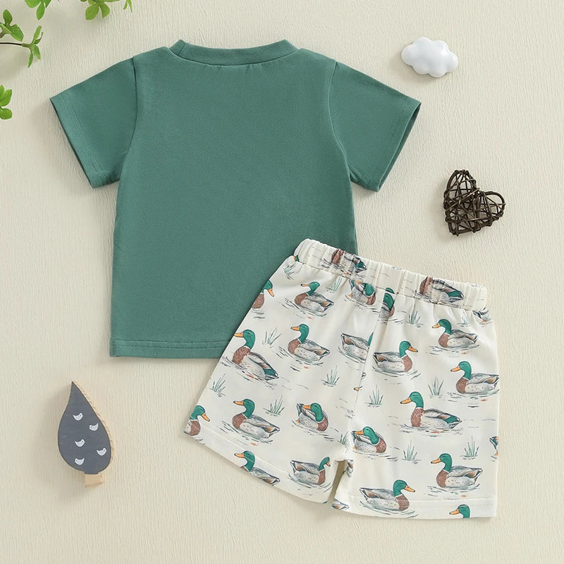 12M-4Y Boys Summer Shorts Sets, Short Sleeve, O Neck, Letter Print Tops and Duck Print Shorts Sets