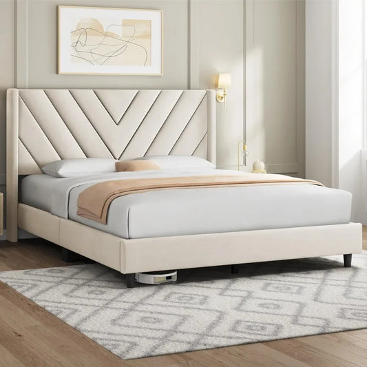 Upholstered Platform Bed with Wing Side/Wooden Slat Support/Tufted Headboard