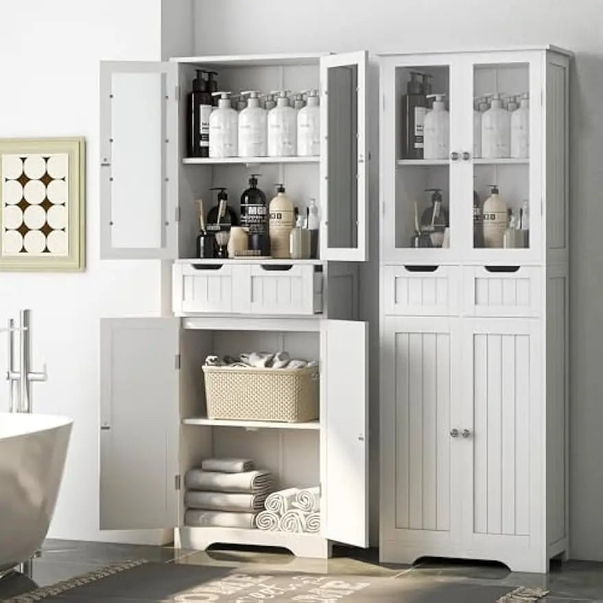 67" Freestanding Storage Cabinet with Glass Door and Adjustable Shelves