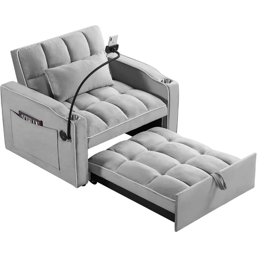 3 in 1 Convertible Sleeper Chair Bed with USB Ports, Cup Holder and Phone Stand