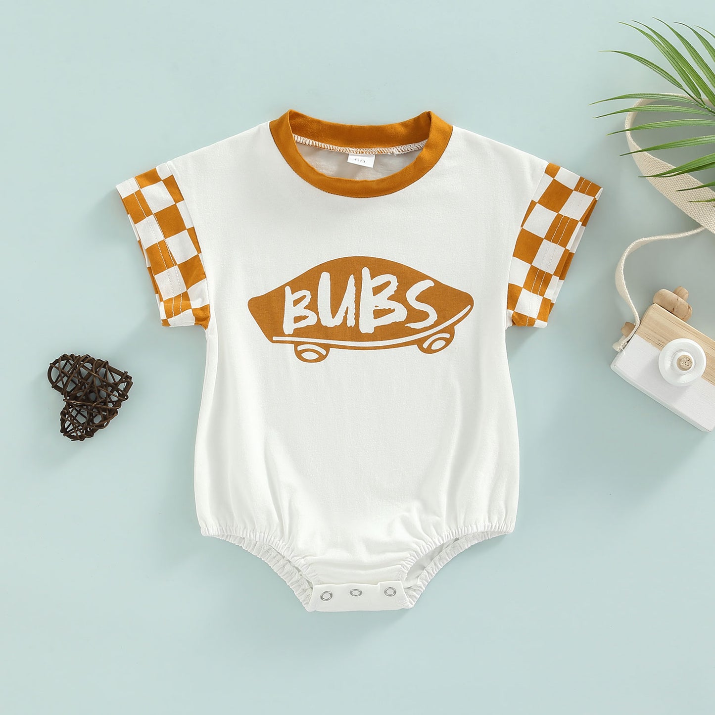 6-18M Infant Boy Romper, Plaid Short Sleeve Round Neck Cartoon Pattern Letter Print