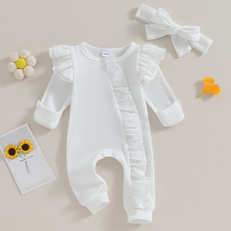 0-12M Baby Girl Ruffle Zipper Romper, Long Sleeve Jumpsuit