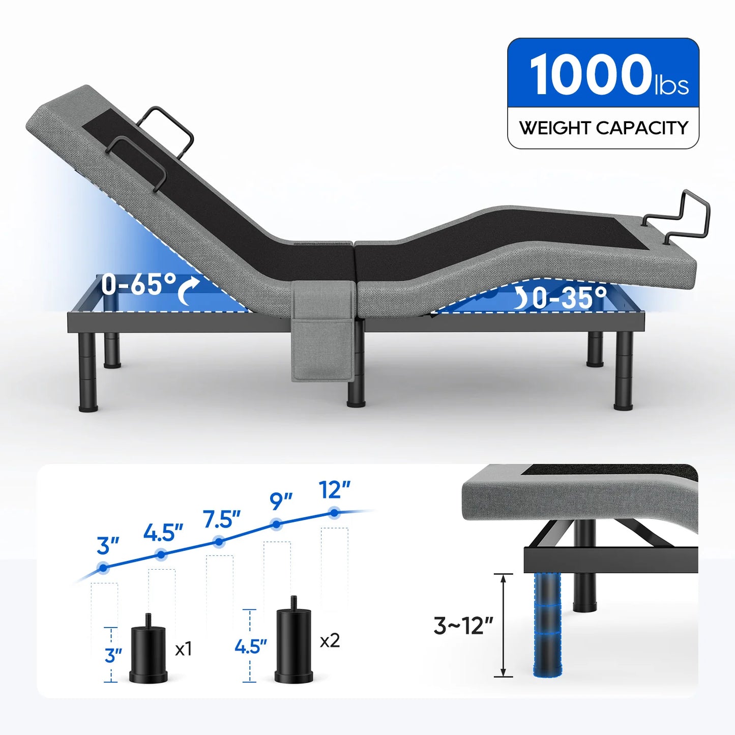 Split King Size Adjustable Bed Base Frame with Massage Silent Double Motor with Wireless Remote Control